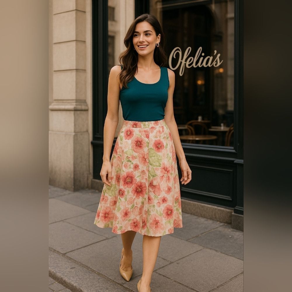 JM Collection 100% Linen Floral Skirt Side Zipper Knee Length Lagenlook Size 12